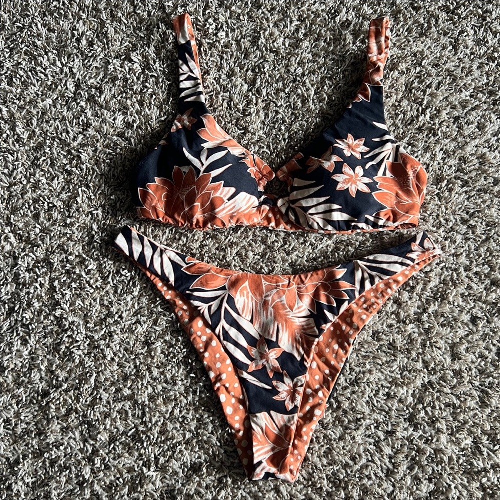 Billabong Black and Orange Floral Bikini Set
